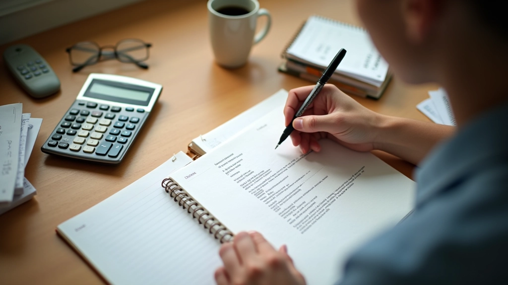 Person writing cost-cutting notes in notebook with calculator and receipts