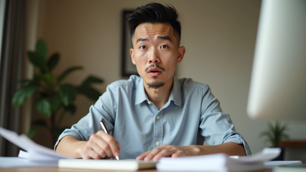 Person sitting at desk with multiple receipts and expense tracking notebook, surprised expression