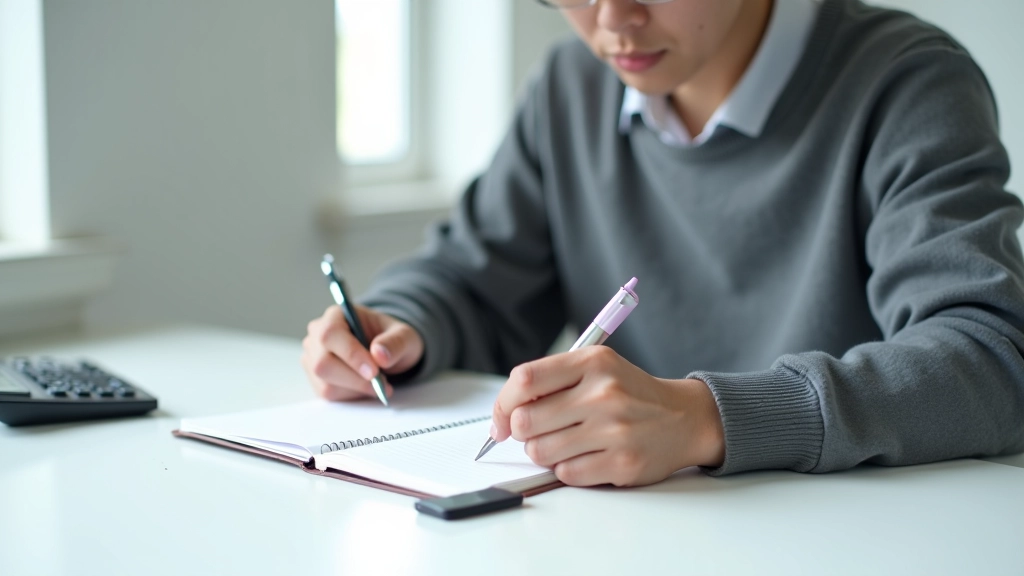 Person writing in expense journal with pen, desk setup with organized finances, natural morning light