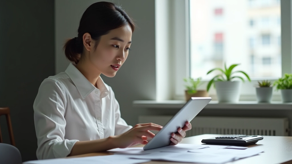 Person reviewing financial data on tablet at home office desk with organized papers and calculator nearby