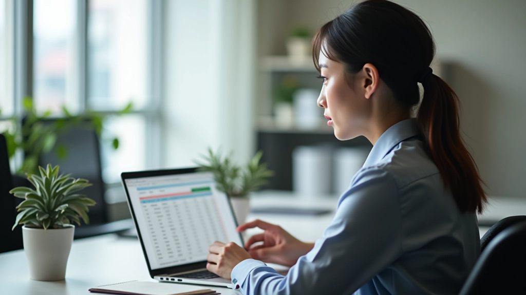 Woman reviewing expense tracking spreadsheet on laptop
